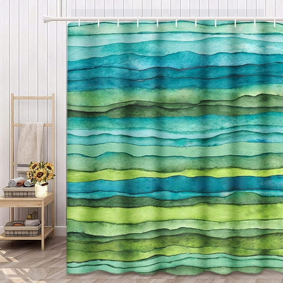 Shower Curtain Abstract Bright Blue and Green Waves Stripped Watercolor Brush Drawn Waterproof Polyester Fabric Set with Hooks 36"W x 72"L (Pack of 1)