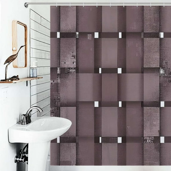 Shower Curtain Abstract Brown Grid Pattern Bath Curtain Polyester Fabric Bathroom Ration With Hooks