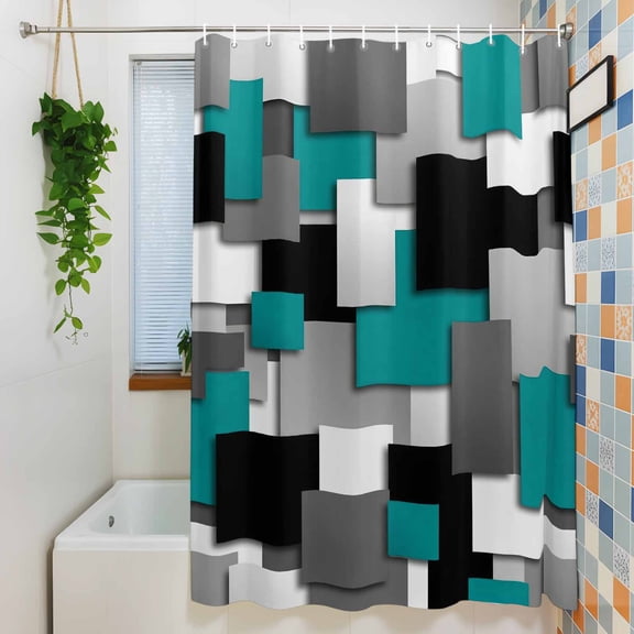 Shower Curtain, Abstract Teal Black Gray White Square Waterproof Polyester Fabric Bath Curtain with Hooks for Bathroom Bathtub Stalls, Modern Geometric Art 36x72IN