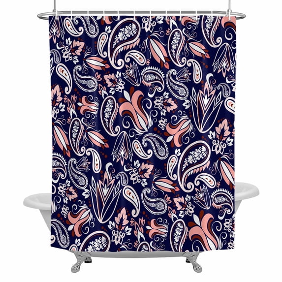 Shower Curtain, Abstract Vintage Paisley Waterproof Fabric Bathroom Shower Curtains Set with Hooks,72 X 72 Inch Long, Boho Floral Texture Midnight Blue