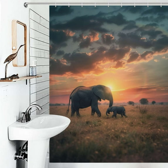 Shower Curtain African Elephant Sunset Pattern Bath Curtain Polyester Fabric Bathroom Ration With Hooks