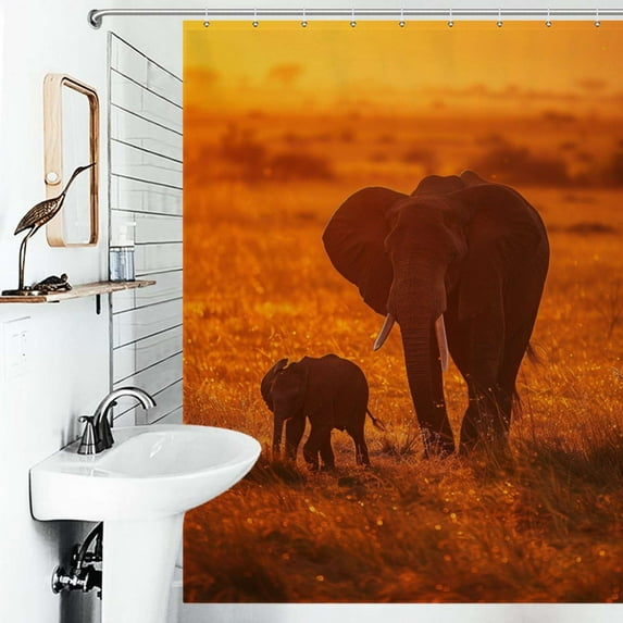 Shower Curtain African Elephant Sunset Pattern Bath Curtain Polyester Fabric Bathroom Ration With Hooks