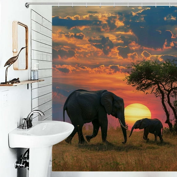 Shower Curtain African Elephant Sunset Pattern Bathroom Waterproof Polyester Home Ration Curtain With Hook