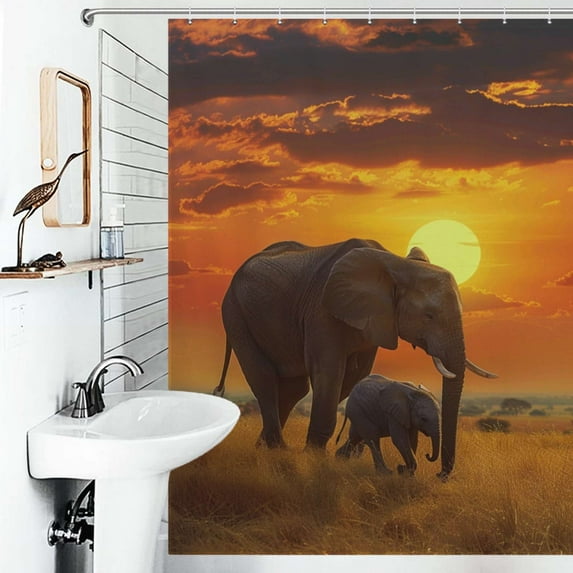 Shower Curtain African Elephant Sunset Pattern Polyester Waterproof Home Ration Curtain With Hook