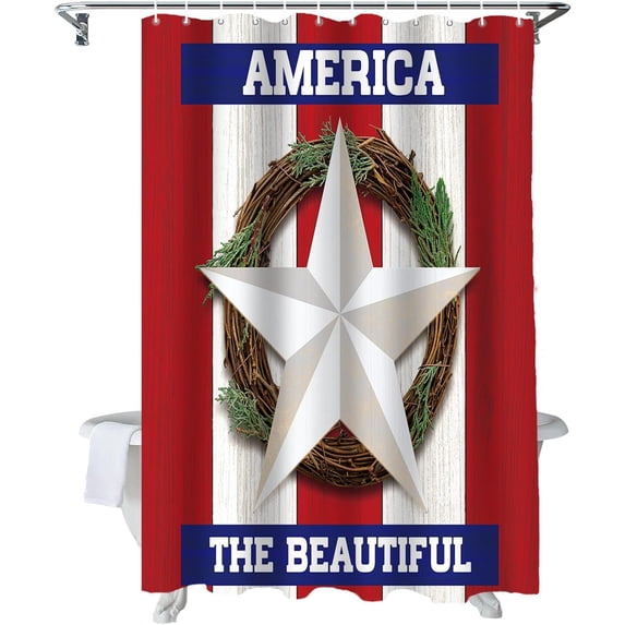 Shower Curtain America Star Wreath Shower Curtains for Bathroom Decor Wood Grain White and Red Stripes Shower Curtain Sets with Hooks Waterproof Fabric Bath Curtain Small Stall 36" X 72"
