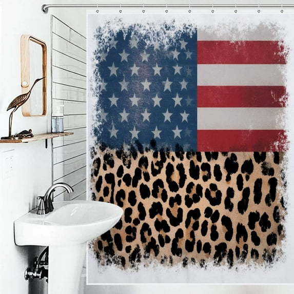 Shower Curtain American Flag And Leopard Print Pattern Bath Curtain Polyester Fabric Bathroom Ration With Hooks