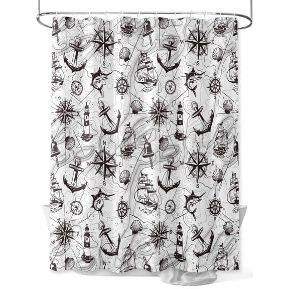 Shower Curtain Anchor Sailboat Bathroom Curtains with Hooks, Waterproof Fabric Nautical Ocean Compass Map Bath Shower Curtains Set for Bathroom Bathtubs Decor 36x72 Inch