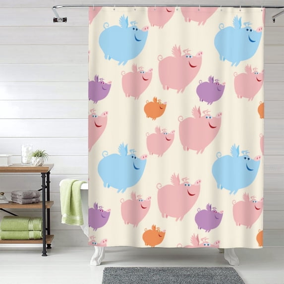 Shower Curtain, Artistic Cute Cartoon Pig Waterproof Fabric Plastic Shower Curtain, Drying Fast Bathroom Curtain with 9 Buttonholes, Ruffle Shower Curtain 60x72in