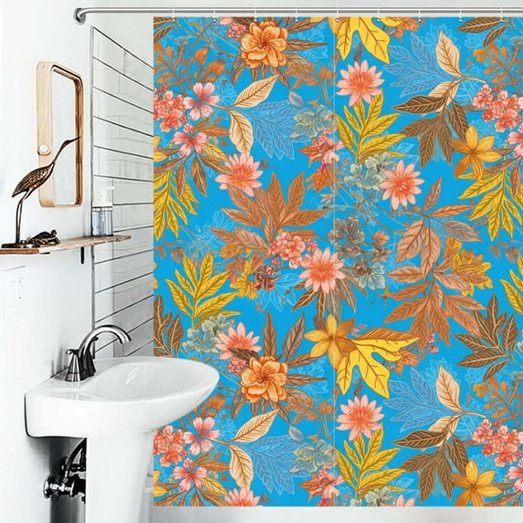 Shower Curtain Autumn Floral Blue Print Polyester Waterproof Home Ration Curtain With Hook