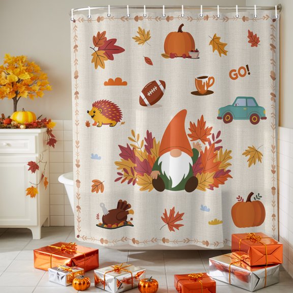 Shower Curtain,Autumn Gnome Maple Leaf on Linen Waterproof Shower Curtain Set with Hooks for Bathroom Showers,Stalls and Bathtubs,72x72in,Thanksgiving Cartoon Theme