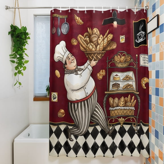 Shower Curtain, Baking Chef Kitchen Art Waterproof Polyester Fabric Bath Curtain with Hooks for Bathroom Bathtub Stalls, French Bread Dessert Rack 72x84IN