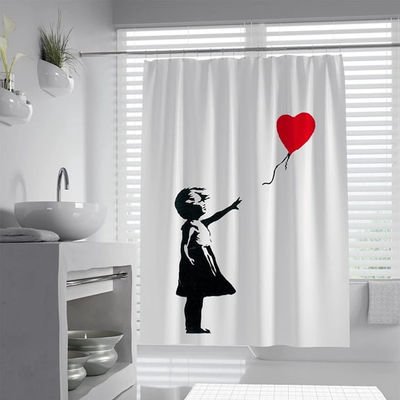 Shower Curtain Balloon Girl by Banksy Surrealist Exhibition Art Shower Curtains Set Fabric Accessories Restroom Decor with Hooks W72xL72 inch