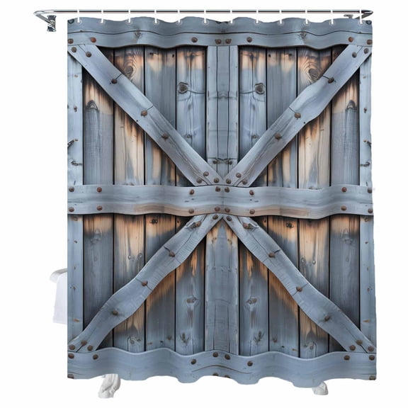 Shower Curtain Barn Gate Shower Curtains for Bathroom Bathtub, Waterproof Fabric Shower Curtain Set with Hooks, Small Stall Size 36" x 72" Blue Farmhouse Wood Grain Walls Door