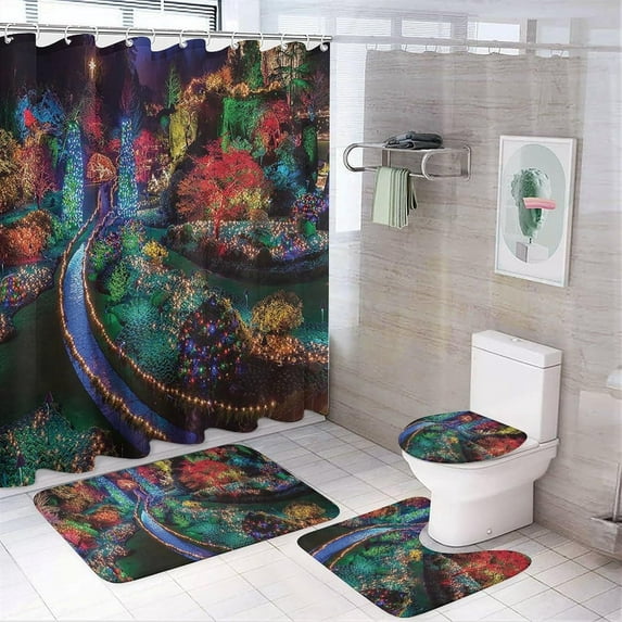 Shower Curtain and Bath Mat Set, Christmas Tree Pattern Printed on Shower Curtain Sets and Liner Set, Suitable for Small Bathroom Gym Guest Bath, 72 x 72 inches