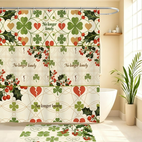 Shower Curtain Bath Mat Set, Clover Shower Curtain, No Longer Lonely Bathroom Decor Mat, Lucky Bathroom Curtain Gift for Valentine's Day Saint Patrick's Day