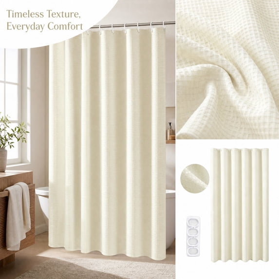 Shower Curtain or Bathroom 35.5x71 Inch, Textured Waffle Fabric Shower Curtains, Soft Hotel Farmhouse Style, Water Repellent, Machine Washable, Cream, 35.43" W x 70.86" L