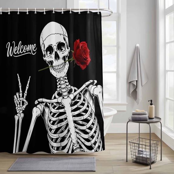 Shower Curtain for Bathroom Abstract Skull Skeletons Rose Waterproof Bath Curtains Shower Curtains with Hooks,Human Bone Black White Bathroom Curtain Privacy Drapes for Bathtubs Toilet 36x72in