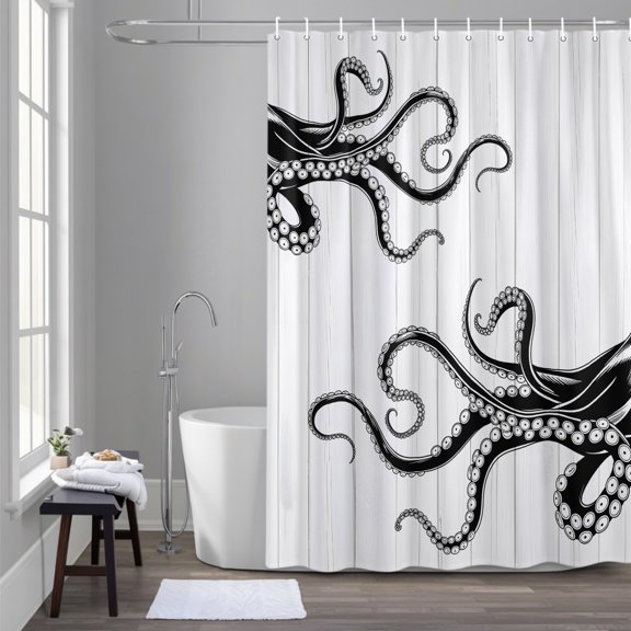 Shower Curtain for Bathroom Black Giant Squid Waterproof Bath Curtains Shower Curtains with Hooks,Wood Grain Background Bathroom Curtain Privacy Drapes for Bathtubs Toilet 36x72in