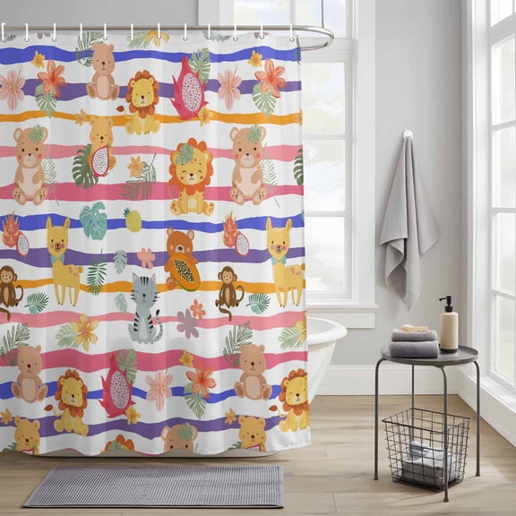 Shower Curtain for Bathroom Cartoons Animals Lions Camels Waterproof Bath Curtains Shower Curtains with Hooks,Pink Blue Striped Bathroom Curtain Privacy Drapes for Bathtubs Toilet 36x72in