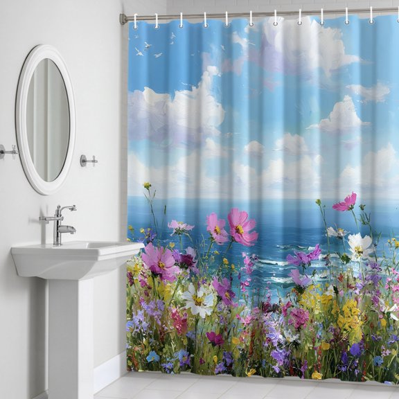 Shower Curtain for Bathroom Coastal Watercolor Wildflowers Waterproof Bath Curtains Shower Curtains with Hooks,Blue Sky White Clouds Bathroom Curtain Privacy Drapes for Bathtubs Toilet 72x72in
