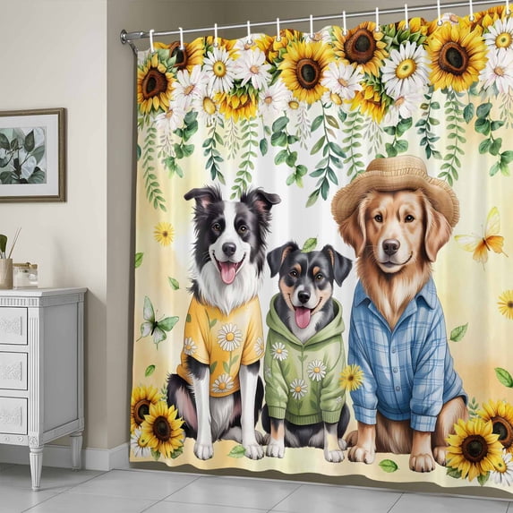 Shower Curtain for Bathroom Cute Blue Green Dog Watercolors Sunflowers Waterproof Bath Curtains Shower Curtains with Hooks,Floral Leaves Bathroom Curtain Privacy Drapes for Bathtubs Toilet 72x72in