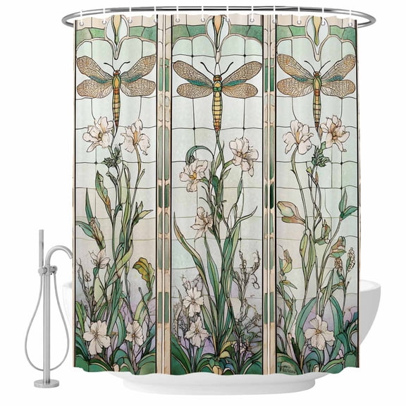 Shower Curtain for Bathroom Dragonfly Spring Flower Green Leaves Waterproof Bath Curtains Shower Curtains with Hooks,Vintage Farmhouse Plant Bathroom Curtain Privacy Drapes for Bathtubs 36x72in