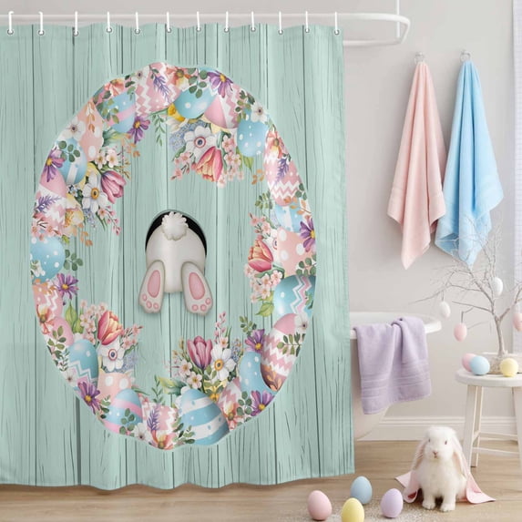 Shower Curtain for Bathroom Easter Bunny Colorful Egg Waterproof Bath Curtains Shower Curtains with Hooks,Pastoral Flower Rabbit Wood Plank Bathroom Curtain Privacy Drapes for Bathtubs Toilet 72x72in