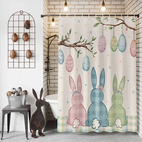 Shower Curtain for Bathroom Easter Colorful Bunny on Vintage Linen Waterproof Bath Curtains Shower Curtains with Hooks,Egg on Branches Bathroom Curtain Privacy Drapes for Bathtubs Toilet 36x72in