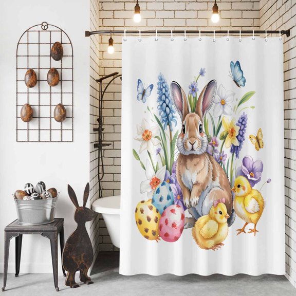Shower Curtain for Bathroom Easter Egg Rabbit Chicken Waterproof Bath Curtains Shower Curtains with Hooks,Farmhouse Animal Spring Flower Bathroom Curtain Privacy Drapes for Bathtubs Toilet 36x72in