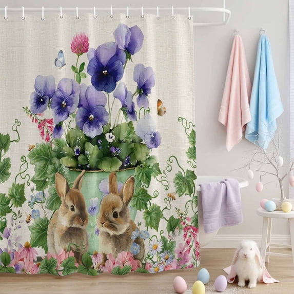 Shower Curtain for Bathroom Easter Rabbit Rustic Butterfly Bee Waterproof Bath Curtains Shower Curtains with Hooks,Pastoral Flower Leaf Linen Bathroom Curtain Privacy Drapes for Bathtubs 72x72in