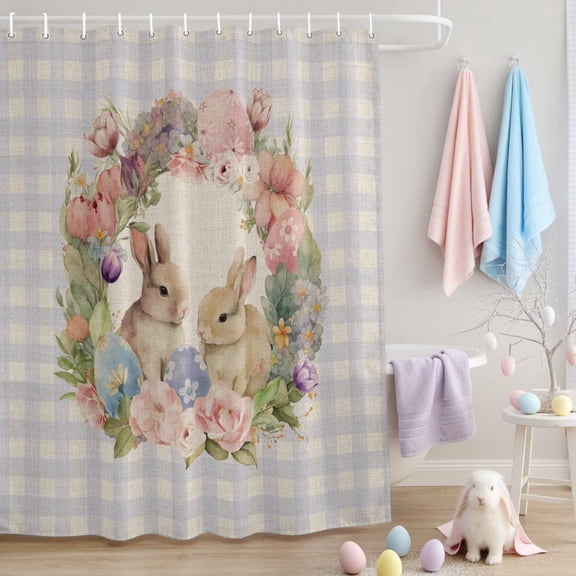 Shower Curtain for Bathroom Easter Spring Floral Bunny Egg Waterproof Bath Curtains Shower Curtains with Hooks,Watercolor Flower on Lilac Plaid Bathroom Curtain Privacy Drapes for Bathtubs 72x72in