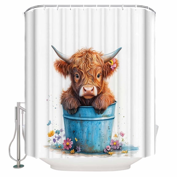 Shower Curtain for Bathroom Farm Calf Blue BucketWaterproof Bath Curtains Shower Curtains with Hooks,Watercolor Animal FlowerBathroom Curtain Privacy Drapes for Bathtubs Toilet 72x72in