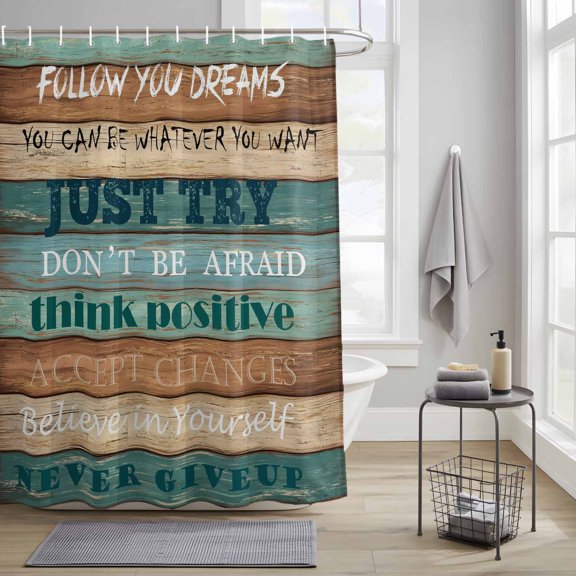 Shower Curtain for Bathroom Farmhosue Motivational Quotes Waterproof Bath Curtains Shower Curtains with Hooks,Farm Wood Plank Bathroom Curtain Privacy Drapes for Bathtubs Toilet 36x72in