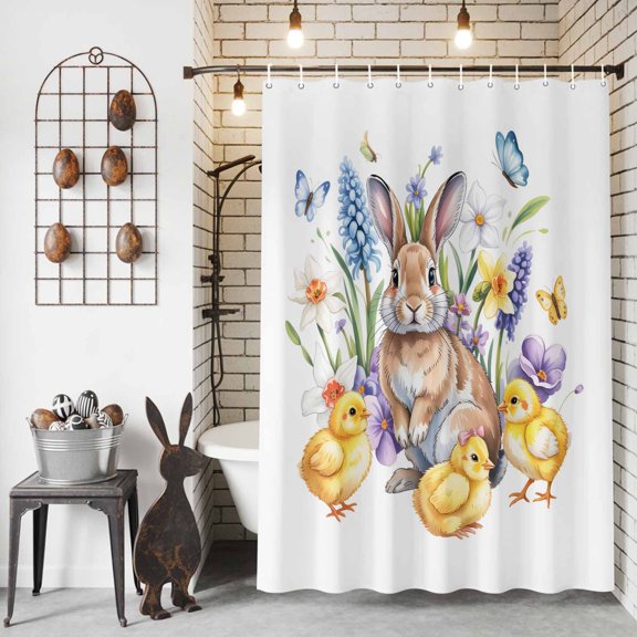 Shower Curtain for Bathroom Farmhouse Easter Rabbit Chicken Waterproof Bath Curtains Shower Curtains with Hooks,Spring Flower Butterfly Bathroom Curtain Privacy Drapes for Bathtubs Toilet 36x72in