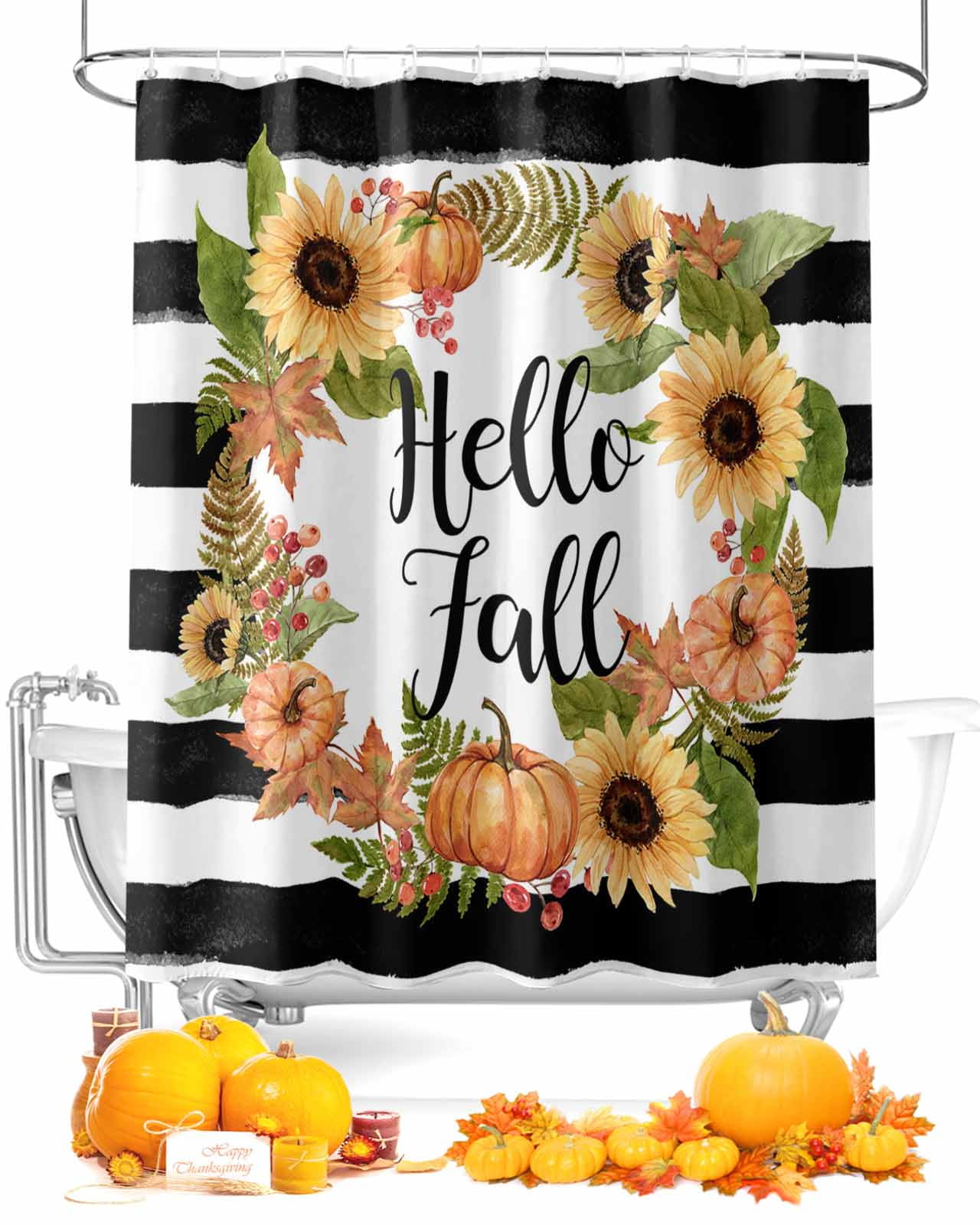 Shower Curtain for Bathroom, Hello Fall Yellow Sunflowers Black Stripes