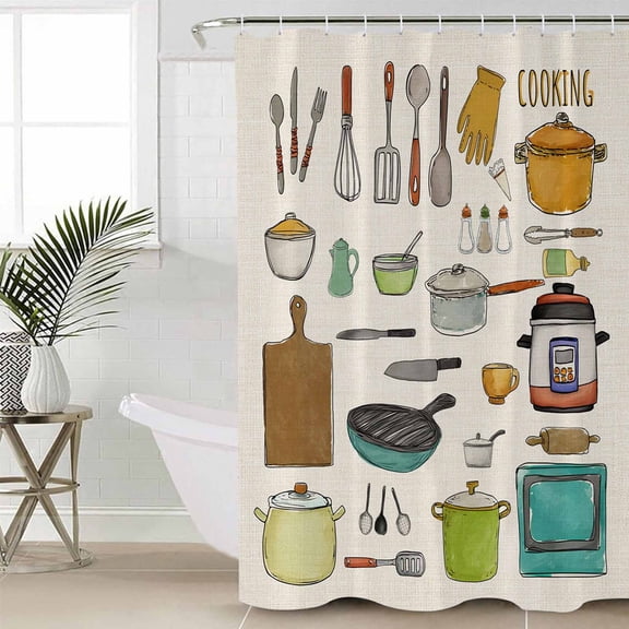 Shower Curtain for Bathroom Kitchen Cooking Kitchenware Cartoon StyleWaterproof Bath Curtains Shower Curtains with Hooks,Retro LinenBathroom Curtain Privacy Drapes for Bathtubs Toilet 36x72in
