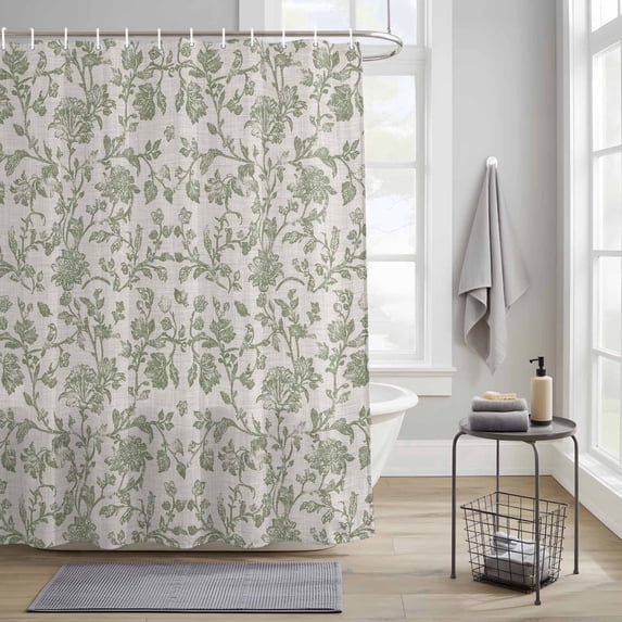 Bedliving Shower Curtain for Bathroom with 12 Hooks Waterproof Fabric, Light Green Floral, 72" x 72"
