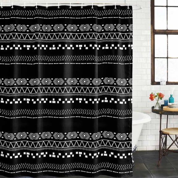 Shower Curtain for Bathroom Lines Stripe Diamond Triangle on Black Waterproof Bath Curtains Shower Curtains with Hooks,Ethnic Tribal Pattern Bathroom Curtain Privacy Drapes for Bathtubs 72x72in