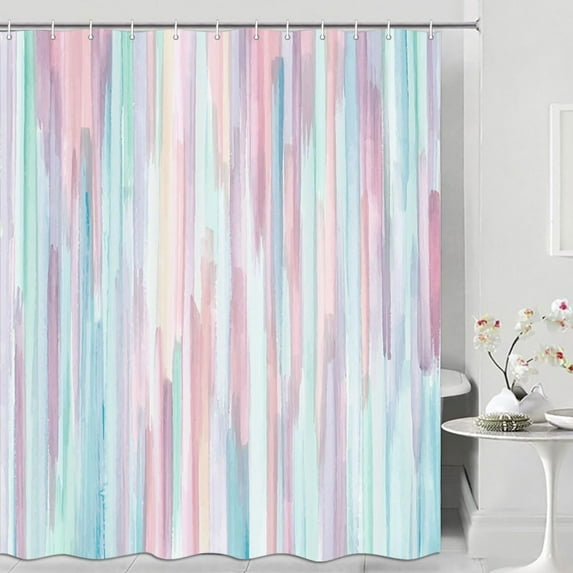 Shower Curtain for Bathroom, Modern Aesthetic Blue Pink Stripe Shower Curtain Sets with 12 Hooks for Kids, Abstract Gouache Style Bathroom Decoration Curtains for Women Girls