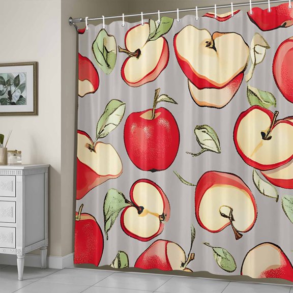 Shower Curtain for Bathroom Modern Red Apples on Grey Waterproof Bath Curtains Shower Curtains with Hooks,Farmhouse Fruit Theme Bathroom Curtain Privacy Drapes for Bathtubs Toilet 72x72in