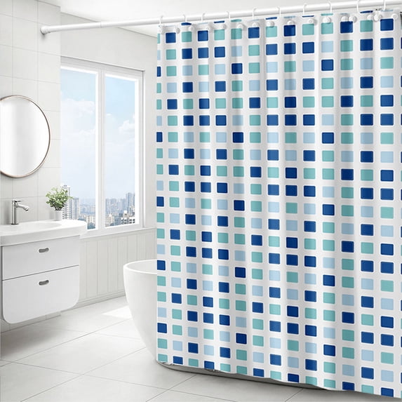 Shower Curtain Bathroom, Modern Water-resistant Plastic Shower Curtain with Weighted Hem and Rings, Blue Patterned Fabric for Wet Room or Room Divider, Topliu