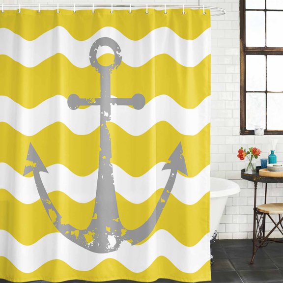 Shower Curtain for Bathroom Nautical Grey Anchor Waterproof Bath Curtains Shower Curtains with Hooks,Yellow White Ripple Stripe Bathroom Curtain Privacy Drapes for Bathtubs Toilet 72x72in