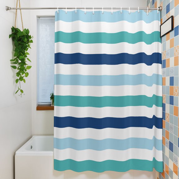 Shower Curtain for Bathroom Navy Blue Teal Gradient Bathtub Curtains, White Stripe Line Waterproof Shower Curtains Washable Quick Dry with Hooks Bathroom Curtain 36x72IN