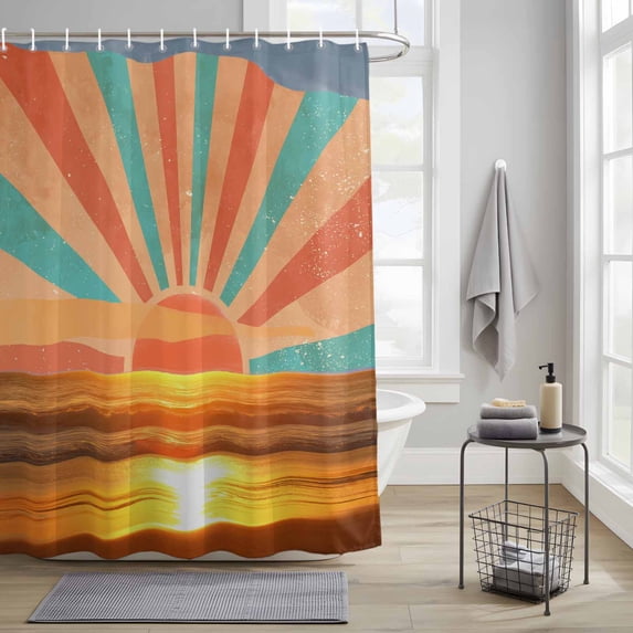Shower Curtain for Bathroom Ocean Beach Sunset Teal Orange Stripes Waterproof Bath Curtains Shower Curtains with Hooks,Summer Sea Waves Bathroom Curtain Privacy Drapes for Bathtubs Toilet 36x72in