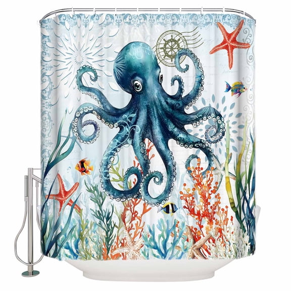 Shower Curtain for Bathroom Ocean Octopus Coral StarfishWaterproof Bath Curtains Shower Curtains with Hooks,Sea Monster Blue Underwater WorldBathroom Curtain for Bathtubs Toilet 72x72in
