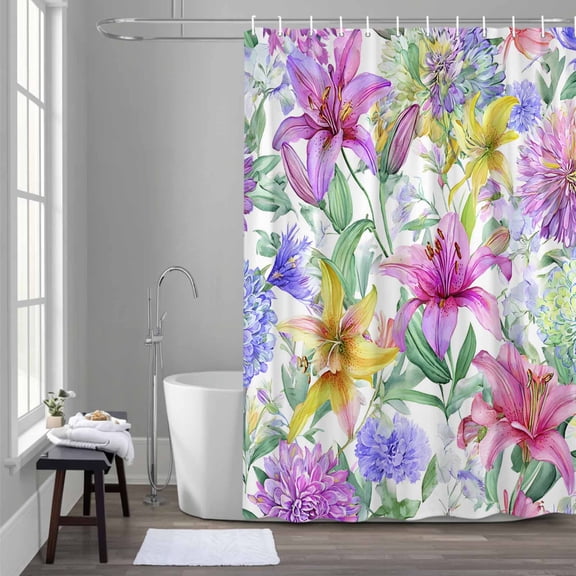 Shower Curtain for Bathroom Pastoral Lily Blossom Floral Waterproof Bath Curtains Shower Curtains with Hooks,Boho Flower Romantic Bathroom Curtain Privacy Drapes for Bathtubs Toilet 36x72in