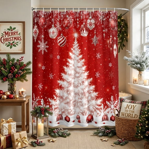 Bedliving Christmas Shower Curtain for Bathroom, Red White Xmas Trees Ball Ornaments Snowflakes, Waterproof Fabric, 12 Hooks, 72"x72"