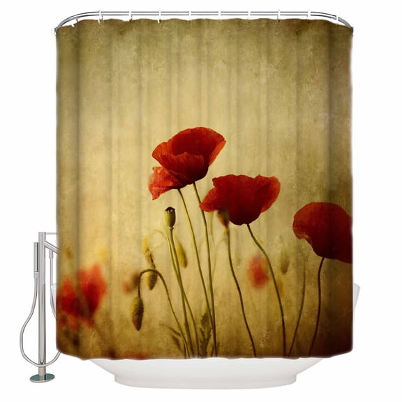 Shower Curtain for Bathroom Retro Red Poppy FlowersWaterproof Bath Curtains Shower Curtains with Hooks,Floral on Vintage BackBathroom Curtain Privacy Drapes for Bathtubs Toilet 72x72in