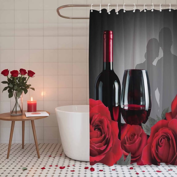 Shower Curtain for Bathroom Rose Red Wine Valentine's Day Couples Waterproof Bath Curtains Shower Curtains with Hooks,Romance Floral Bathroom Curtain Privacy Drapes for Bathtubs Toilet 36x72in