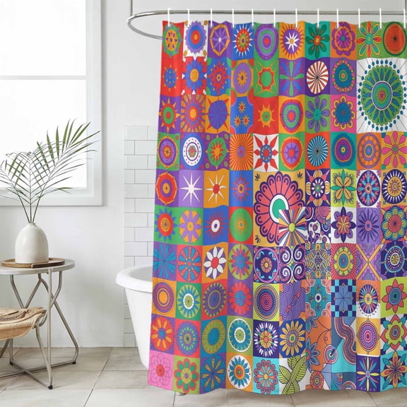 Shower Curtain Bathroom Set Abstract Ethnic Patchwork Waterproof Fabric Shower Curtains with Grommets&Hooks, Boho Indian Geometric Flower Privacy Bath Curtain for Bathtub 60x72in